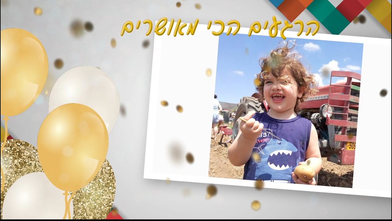 מצגת יום הולדת קונפטי עם בלונים, צבעים ותמונות חגיגיות