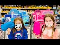 Blue and pink back to school challenge with sisters play