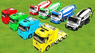 MIXER OF COLORS ! TRANSPORTING FIRE TRUCK & CEMENT MIXER TRUCK TO GARAGE WITH MERCEDES TRUCK! FS22