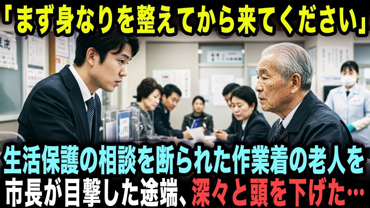 「まず身なりを整えてから来てください」と生活保護の相談を断られた作業着の老人。だが市長が彼を目撃した途端、深々と頭を下げた…