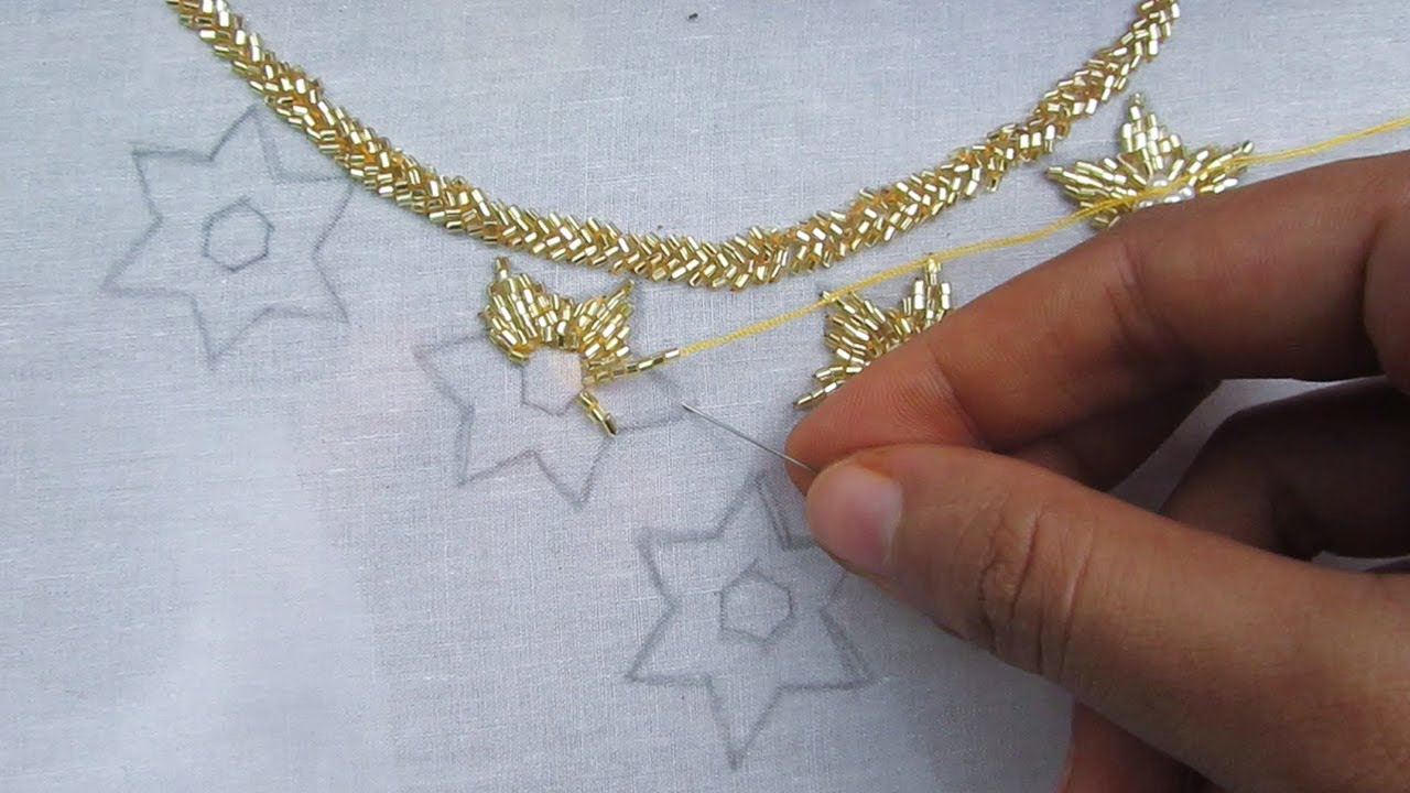 Hand Embroidery, Easy Neck Embroidery Design with Pearl