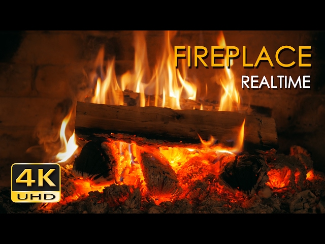 4K Realtime Fireplace - Relaxing Fire Burning Video - 3 Hours - No Loop - Ultra HD - 2160p class=