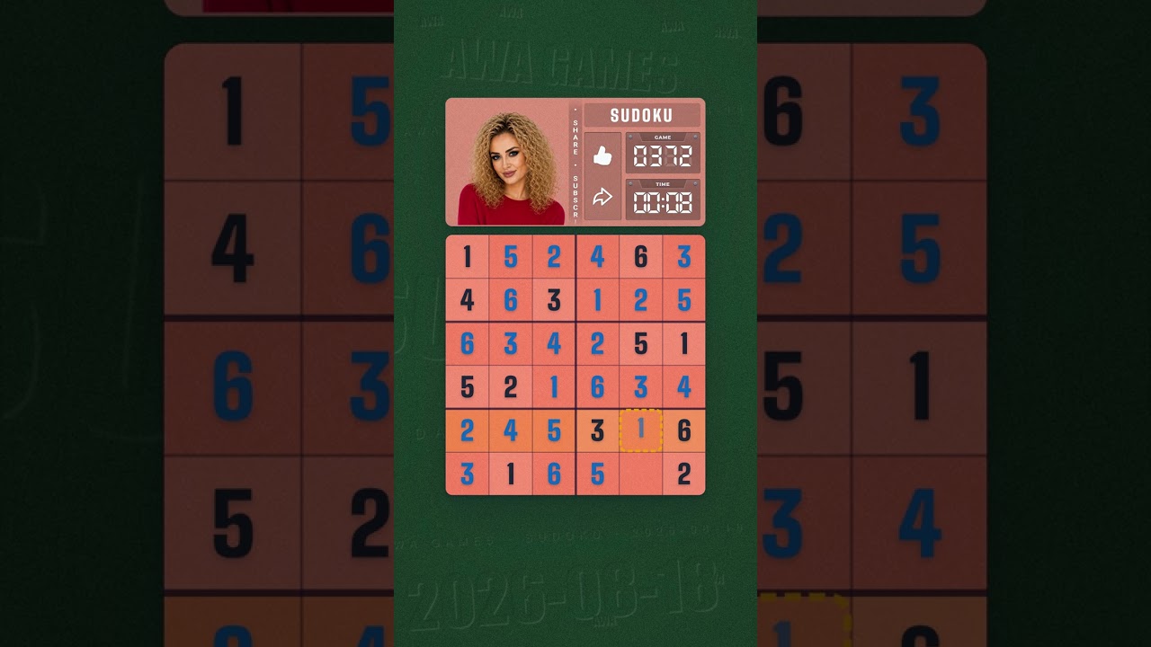 LinkedIn Mini Sudoku #372 solved board for August 18, 2026, 6x6 grid
