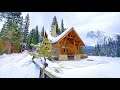 Winter log cabins in rocky mountains  emerald lake yoho national park  canada 4k