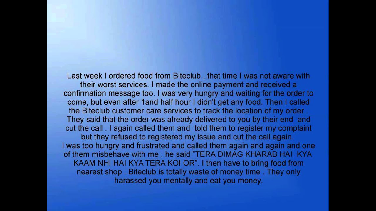 Biteclub complaints on late delivery and spoil food