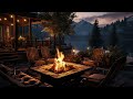 Cozy wooden house with relaxing campfire in night ambience and nature sounds lake waves for sleep