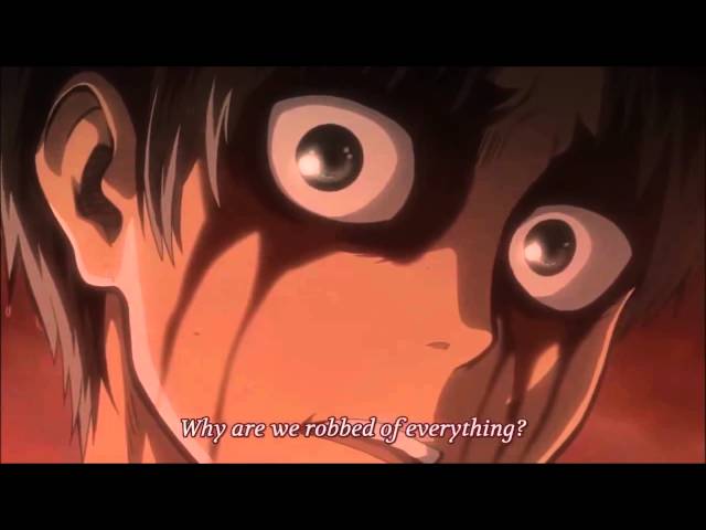 Eren first transformation as Attack Titan class=