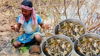 Handline MUD CRABS catch in Lake | Primitive Cooking and Eating Delicious in Village Hunter