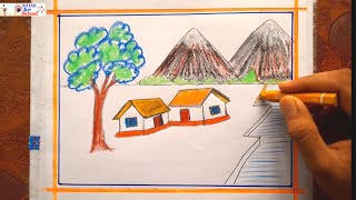 How to draw scenery step by step | Mountain drawing oil pastel easy | House drawing.