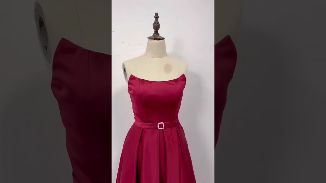 Robe De Soirée Bandeau Bustier Longue Bordeaux Satin Avec Fente