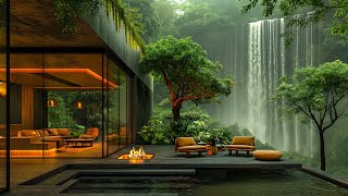 Gentle Jazz Melodies & Waterfall Sounds In Cozy Living Room - Soft Jazz In Tranquil Forest Ambience screenshot 1