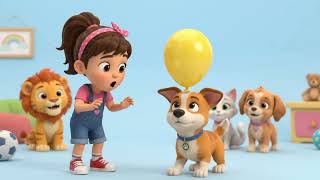 Mia balances balloon on Buddy