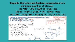 2.3 Simplify the  Boolean expressions to a minimum number of literals:(a)ABC+A'B+ABC' (b)x'yz+xz ...