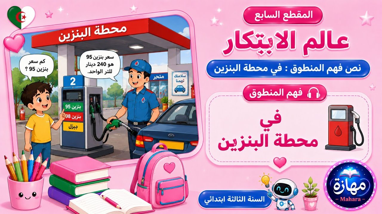 نص فهم المنطوق في محطة البنزين. المقطع السابع عالم الابتكار السنة الثالثة ابتدائي