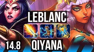 LEBLANC vs QIYANA (MID) | 14/1/4, 7 solo kills, Godlike, 600+ games | NA Master | 14.8