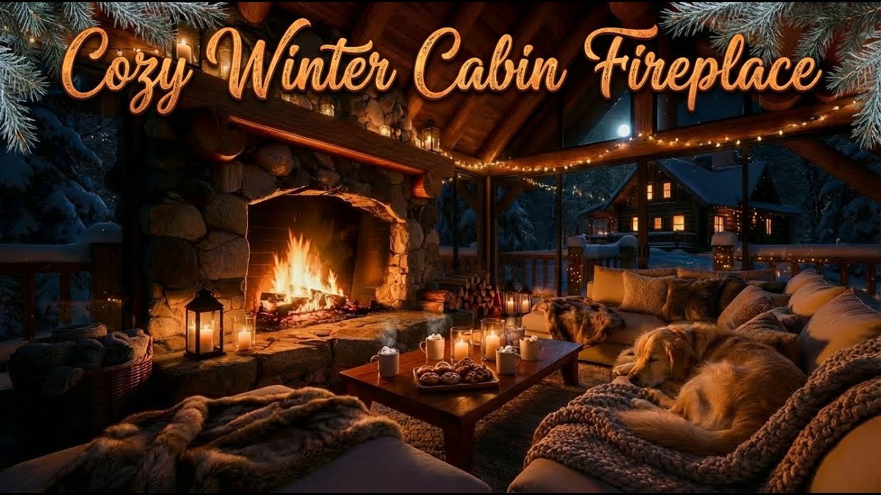 12 HOURS Cozy Winter Cabin Ambience with Crackling Fire & Snow Sounds ...