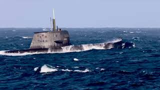 The submarine HMAS Rankin departs Port Phillip passing  Point Lonsdale, Victoria, Australia.