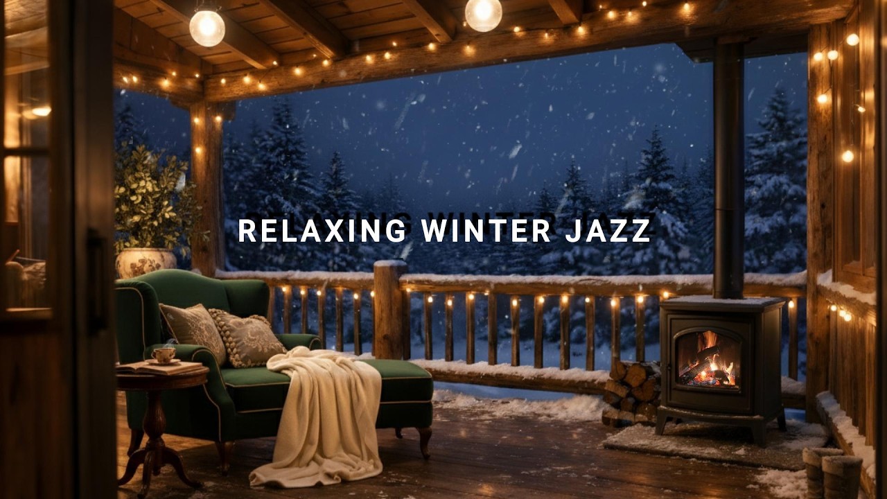 Warm Fireplace Jazz ️ Cozy Winter Cabin Ambience with Soft Snowfall ...