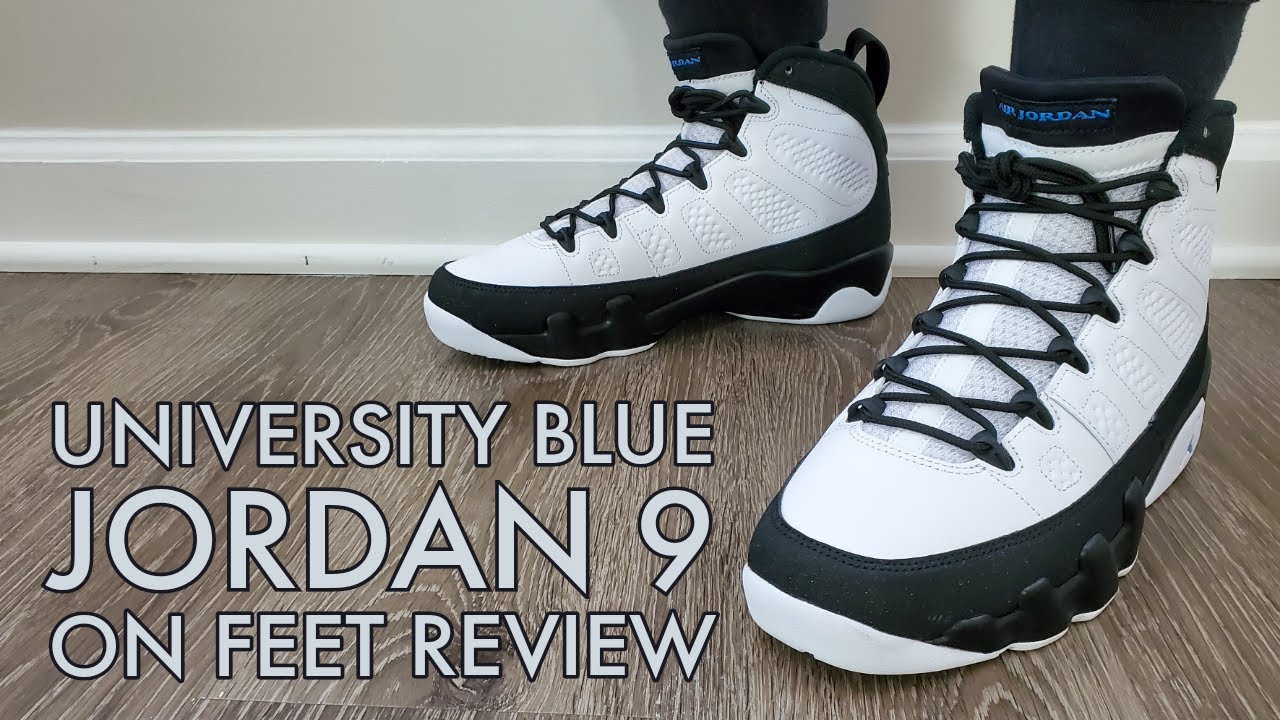 jordan 9 university blue on feet