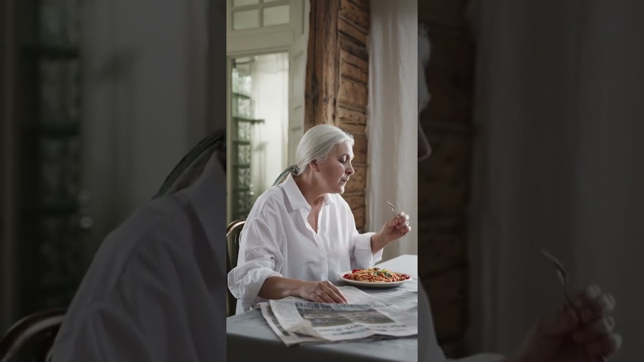 Elderly Women Eating Spaghetti So Delicious And Reding News Paper