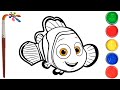 Finding Dory. Nemo. Coloring and drawing for kids. draw with a brush. Раскраски для детей.