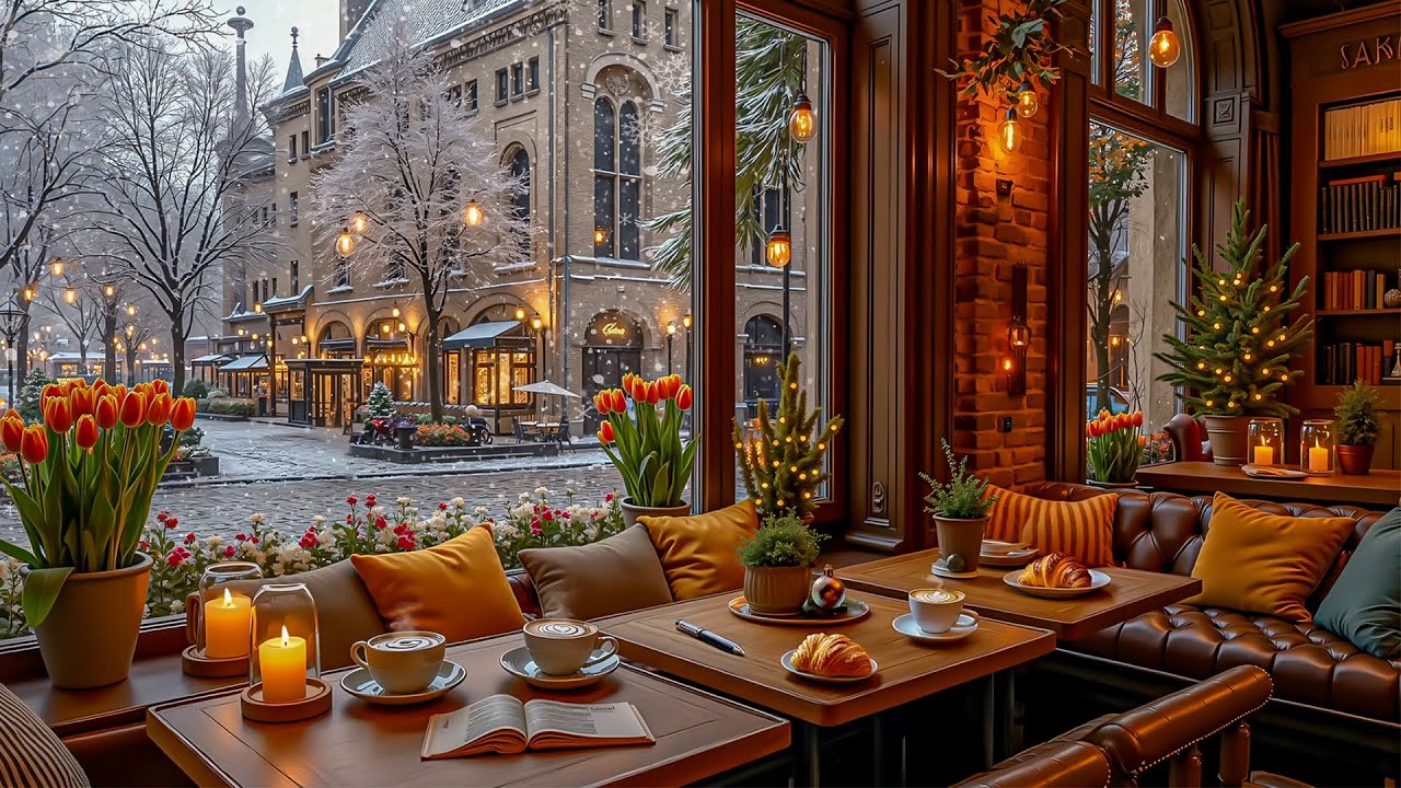 Calm Winter Morning ☕❄️ Jazz Coffee Shop Ambience with Falling Snow on the Window for Focus & Rest
