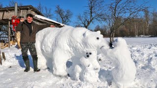 Я сделал ОГРОМОГО БЕЛОГО МЕДВЕДЯ из снега за 1 день. Снежная скульптура, семья Белых медведей