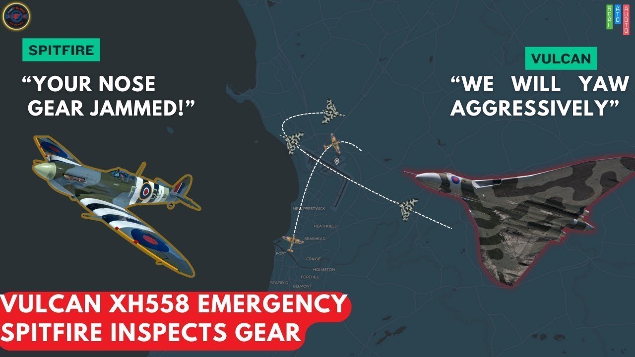 (НАПРЯЖЕННАЯ СИТУАЦИЯ) «Спитфайр» поднимается в воздух для осмотра Vulcan XH558 во время аварийно...