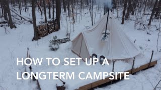 How to set up a long term hot tent campsite, tent platform, Stout bell tent, stone fire pit