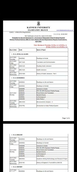 Kannur University Second Semester Exam Timetable Private Registration ...