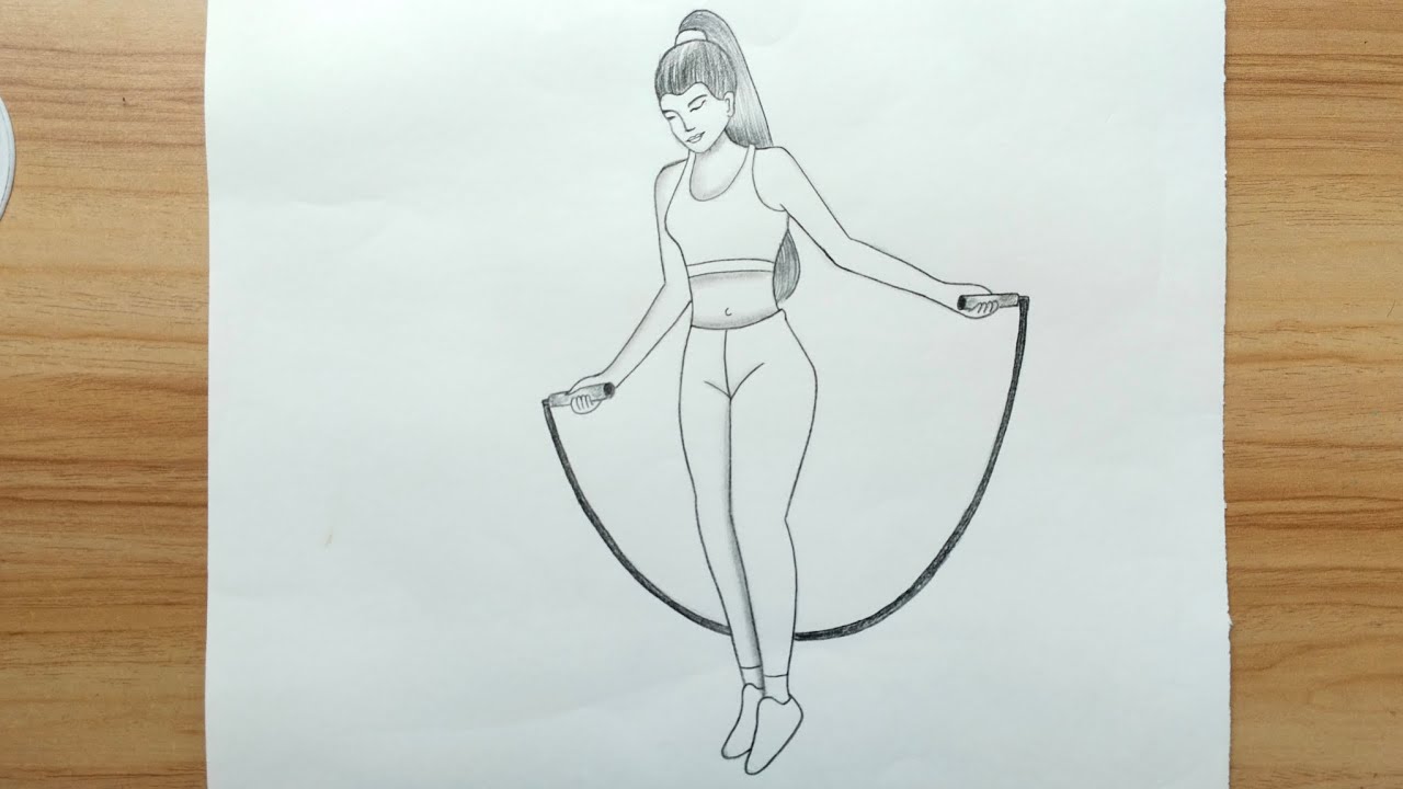 How to draw a girl playing jumping rope // Girl playing jumping rope ...