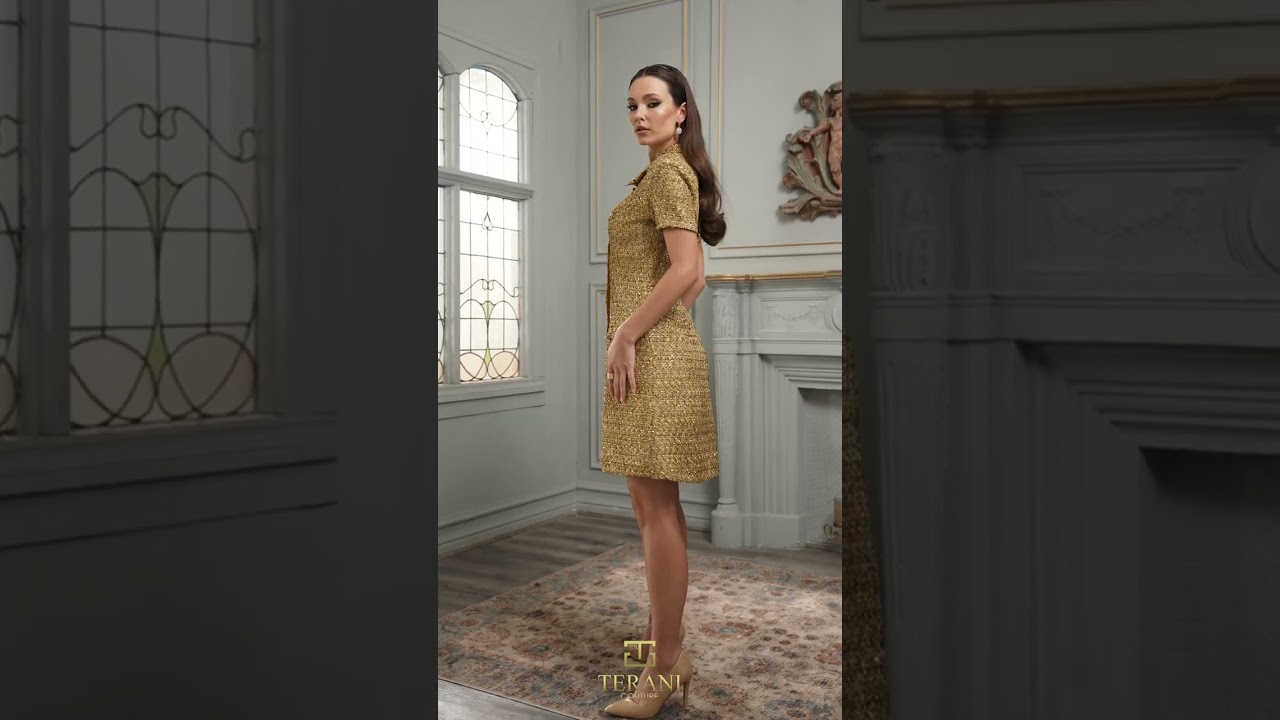 252C5006 - Collar Neck Gold Sheath Short Cocktail Dress 252C5006 - Collar Neck Gold Sheath Short Cocktail Dress