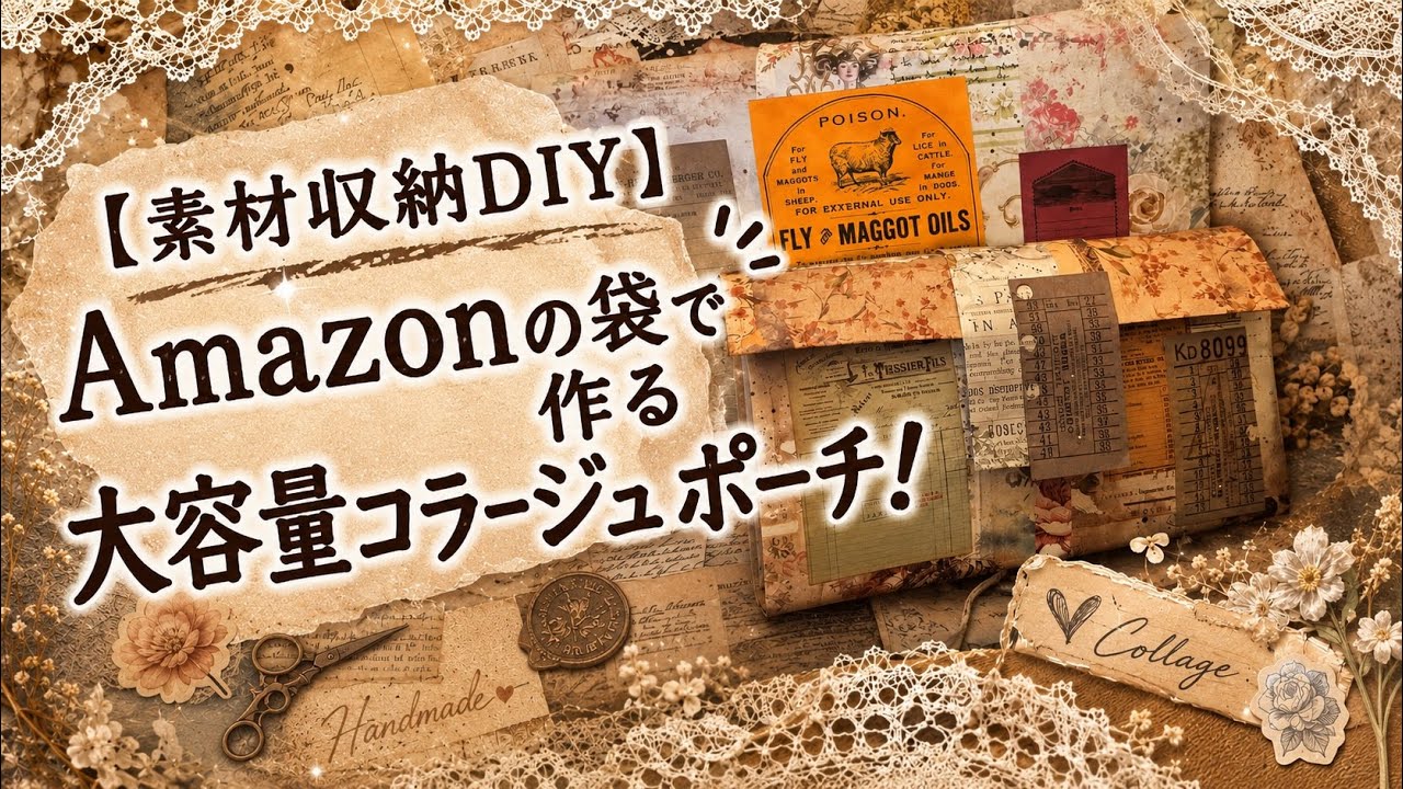 素材収納DIY】Amazonの袋で作る大容量コラージュポーチ！紙モノを