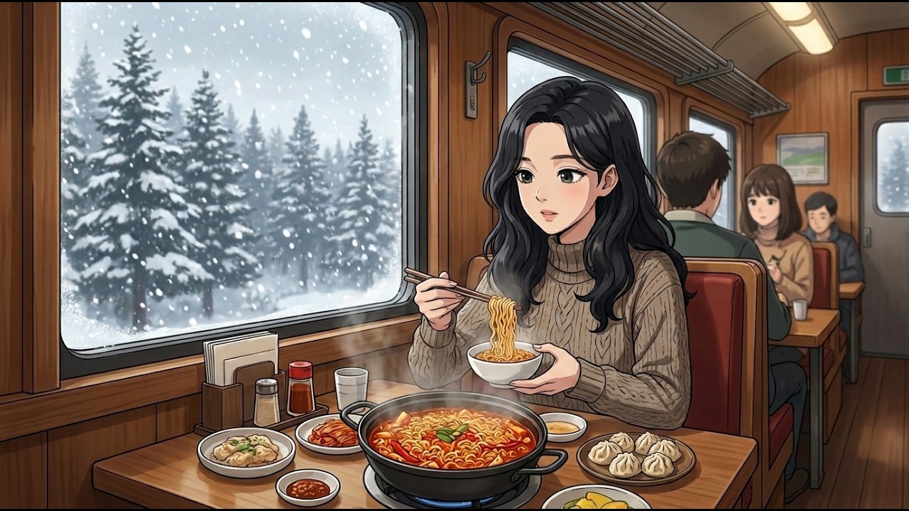 Ghibli Winter Train Journey ️ ASMR | Girl Eating Ramen, Cozy Cabin by ...
