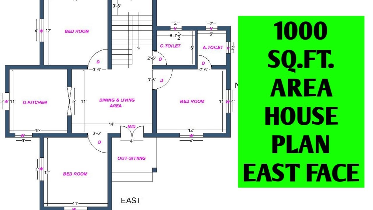 3bhk 3 bed room east facing house plan 1000 squre feet 