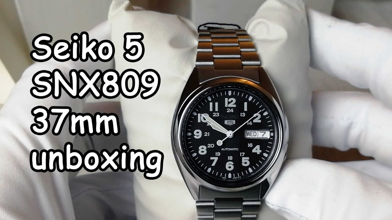 Seiko 5 SNX809 37mm military watch unboxing - YouTube