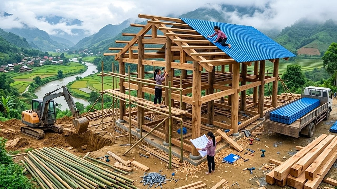 Full Journey: Constructing a Wooden House and Installing Corrugated ...