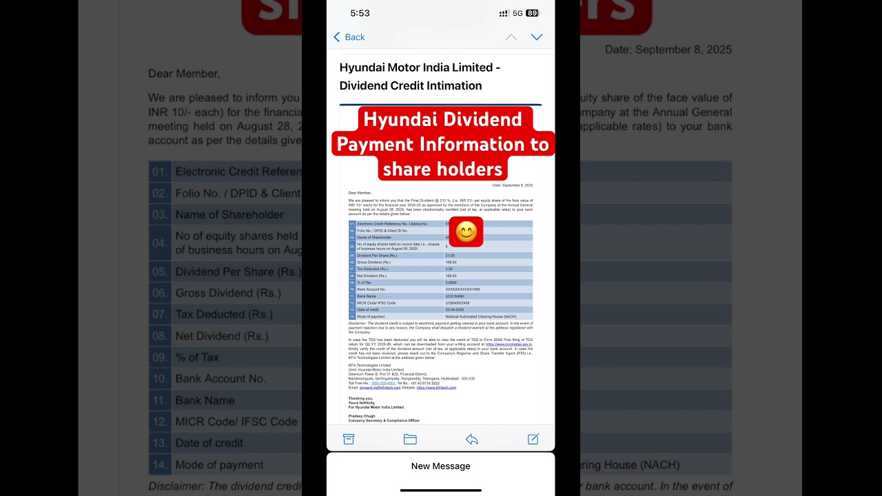 Hyundai Motor India Limited Dividend Payment of Rs. 21 per share credited to share holders 