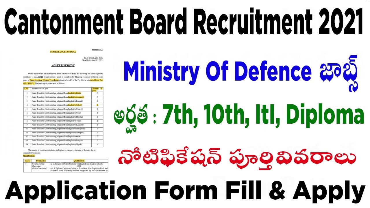 Latest Central Govt Jobs ministry of defence Cantonment Board Recruitment 2021 in telugu