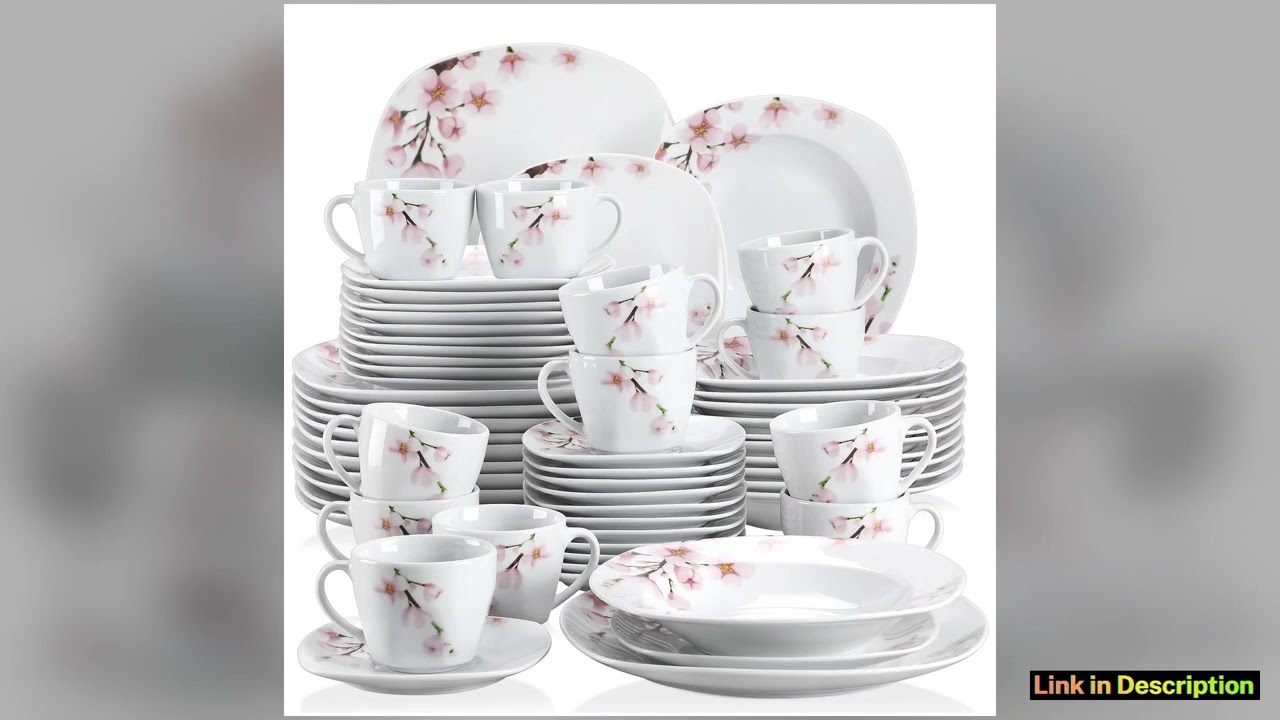VEWEET ANNIE 60Piece White Ceramic Pink Floral Porcelain Plate Set with Dinner Soup Dessert Plate