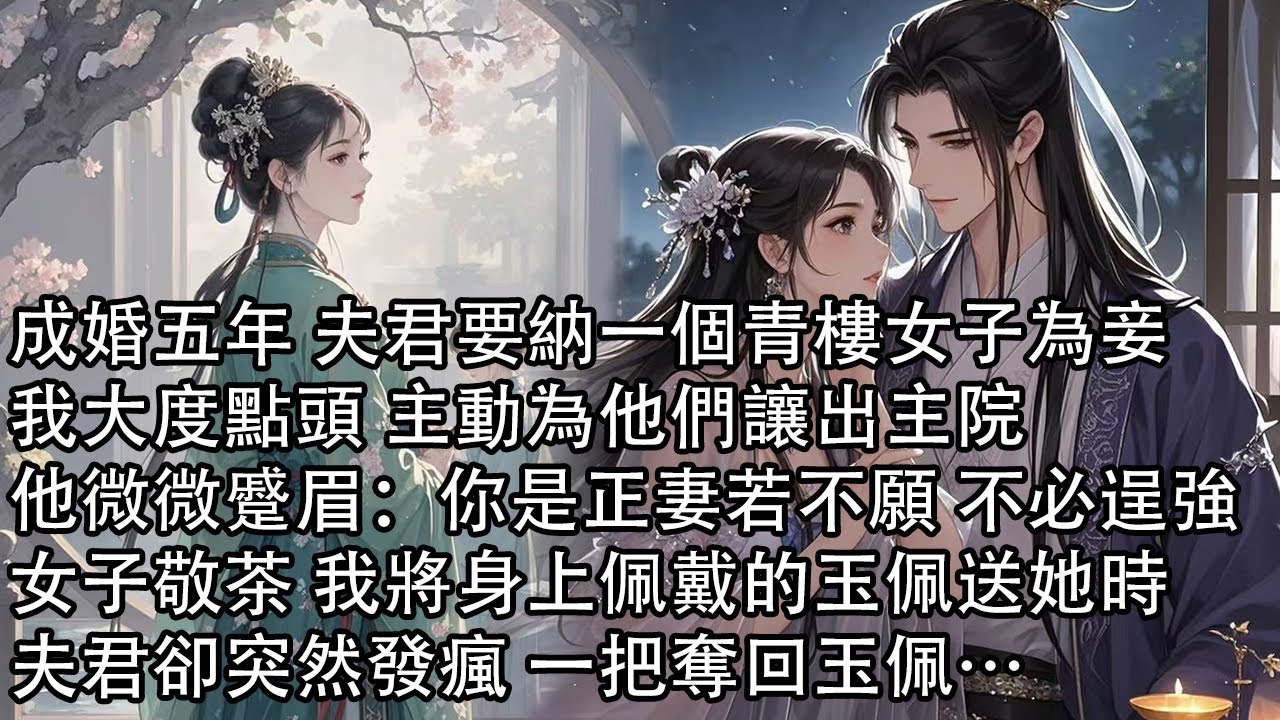 【一口氣看完】成婚五年 夫君要納一個青樓女子為妾，我大度點頭 主動為他們讓出主院，他微微蹙眉：你是正妻若不願 不必逞強，女子敬茶 我將身上佩戴的玉佩送她時，夫君卻突然發瘋 一把奪回玉佩…