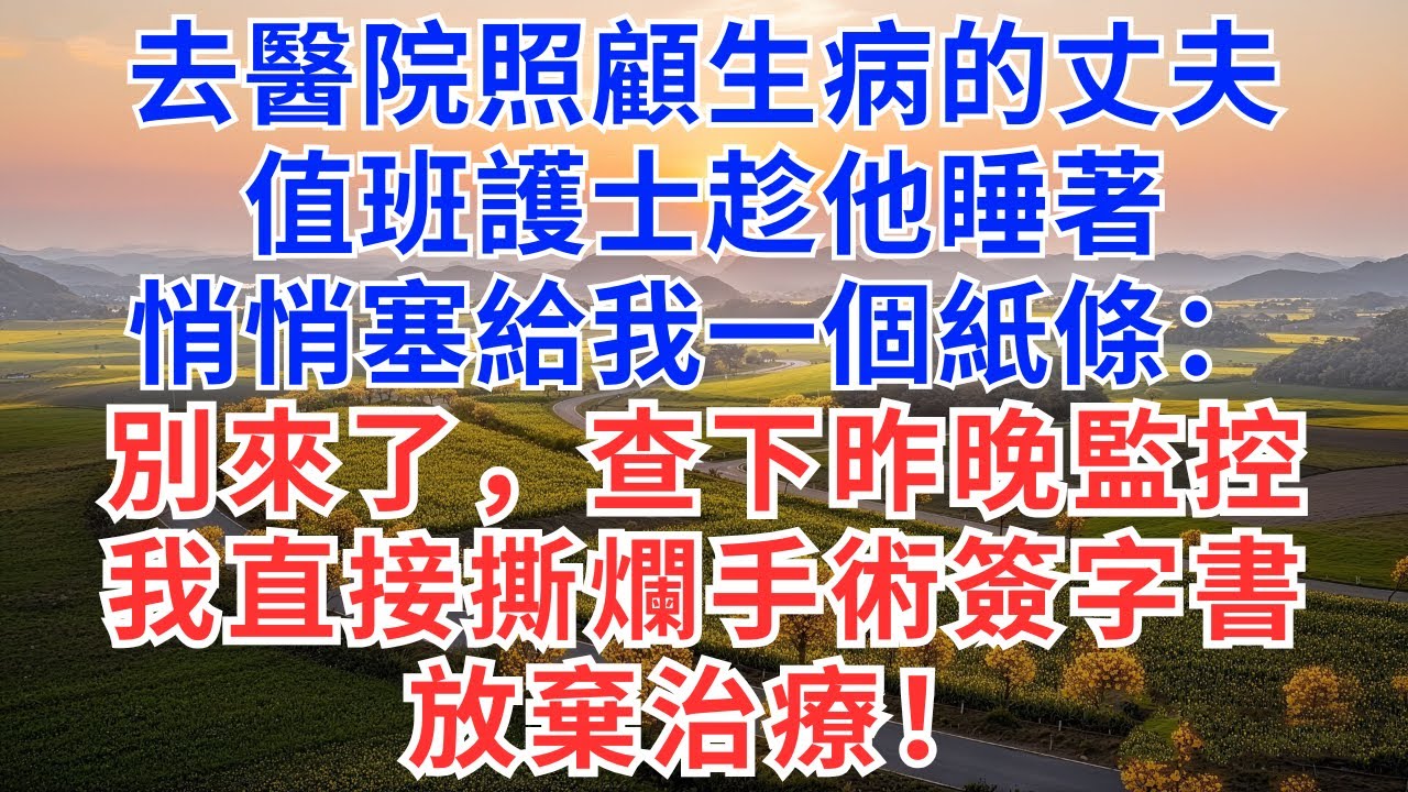 去醫院照顧生病的丈夫，值班護士趁他睡著，悄悄塞給我一個紙條：別來了，查下昨晚監控，我直接撕爛手術簽字書，放棄治療！#為人處世#正能量#故事分享#生活經驗#情感