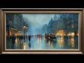 4K Frame TV Art: Vintage Rainy City Street | Paris Night Painting Screensaver | 2 hours