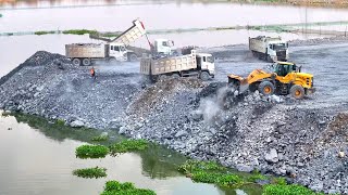 Professional driver dump truck unloading soil stone into Lutos Lake with a fantastic Wheel Loader