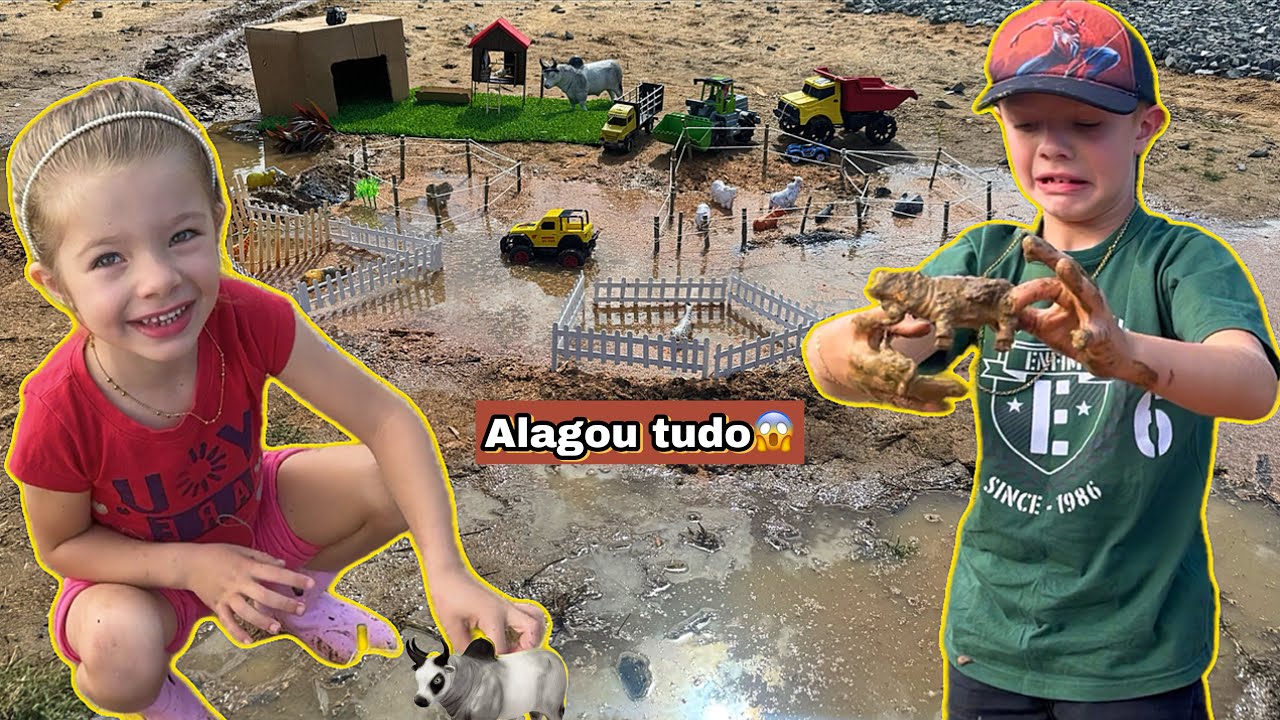 FAZENDINHA de BRINQUEDO do MATHEUS E ISABELA foi toda ALAGADA😱,BOIS,CAVALO,VACA ficaram na LAMA🐄