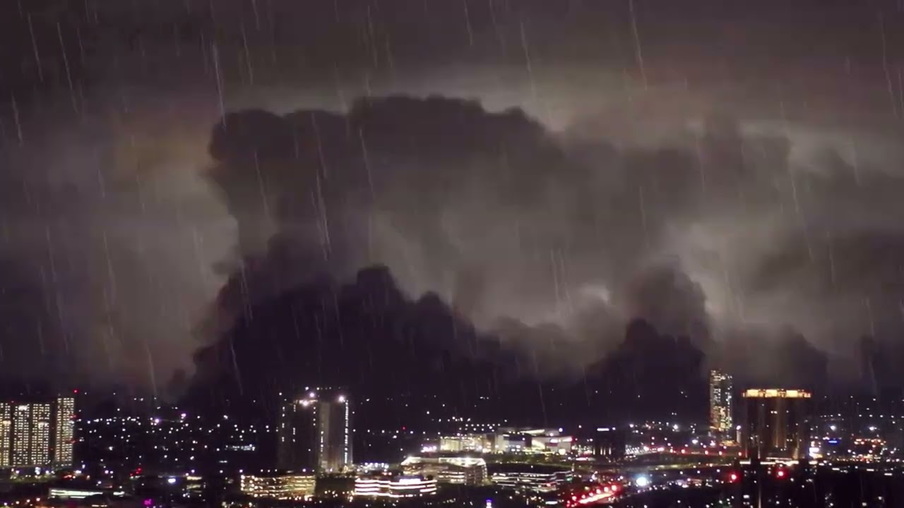 Soft background noise for sleep with heavy rain, roaring thunder on tin roof in dim forest at night