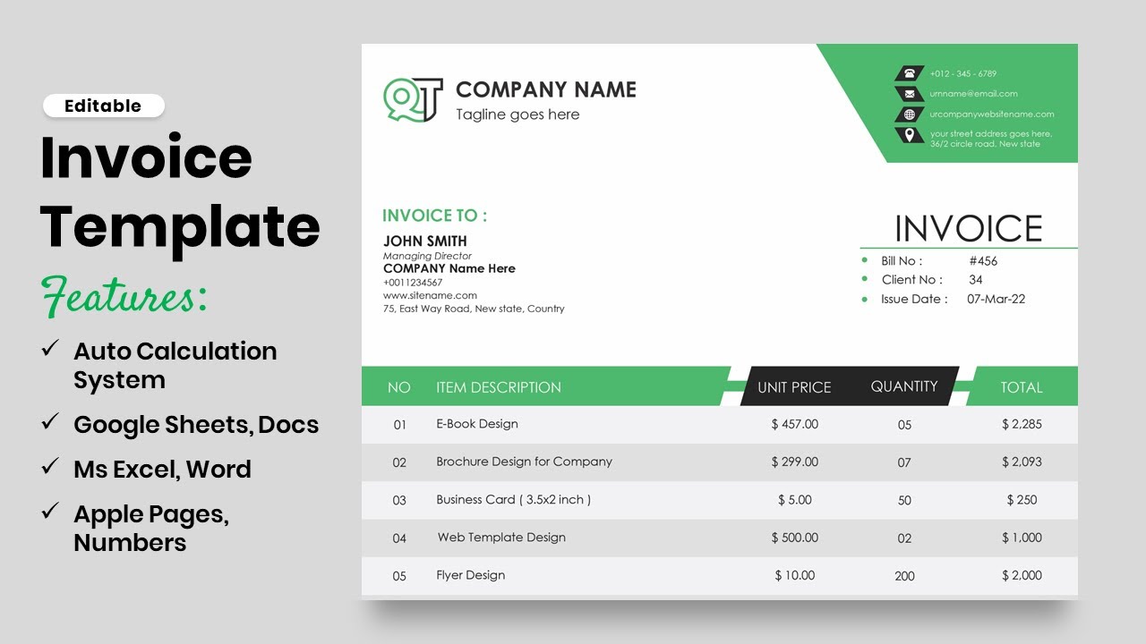 Quto - Auto Calculation Invoice Template With Ms Excel Word Google ...