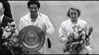 Highlights of the1958 Wimbledon Women's final. Althea Gibson beat Angela Mortimer. BBC TV.