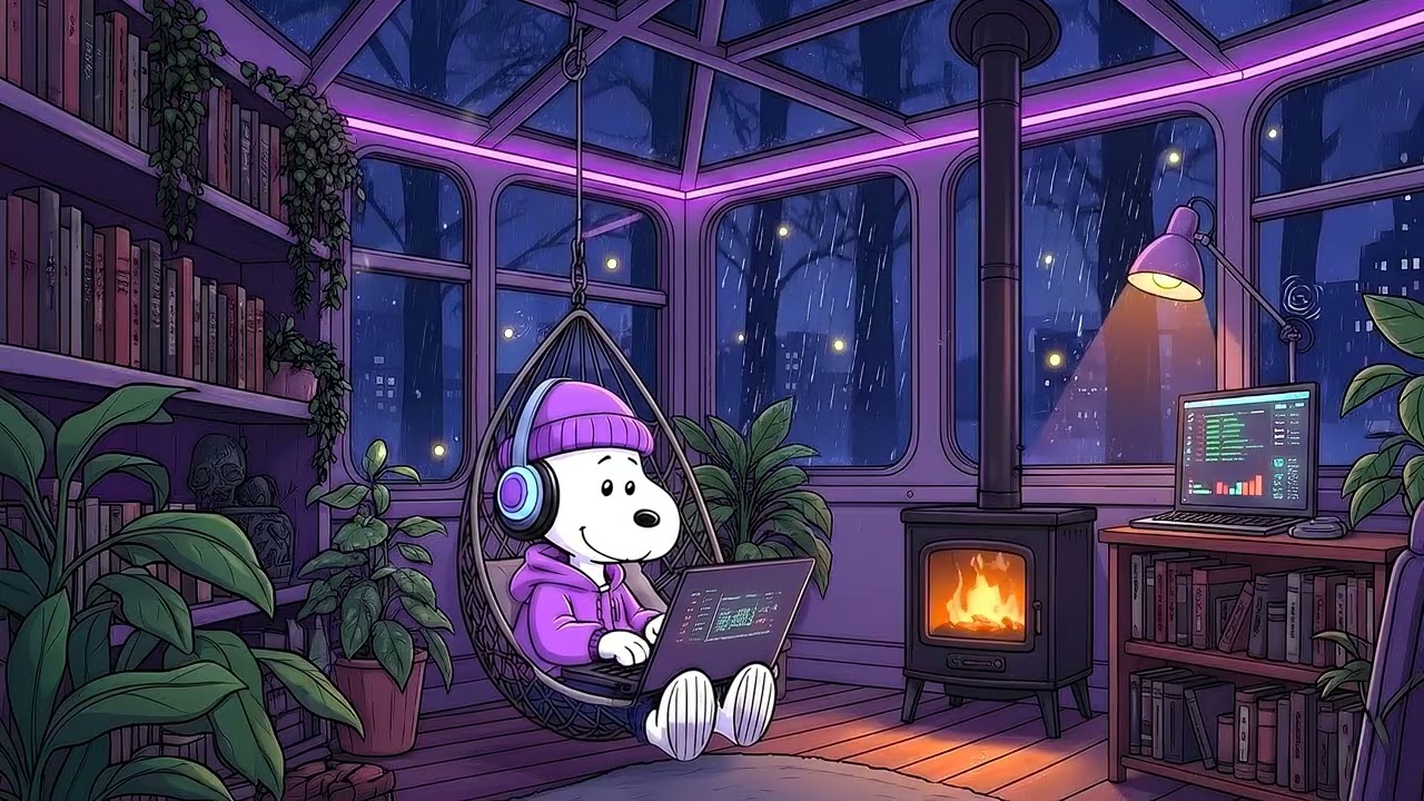 Snoopy's Fireside Rainy Room 🌙 Lofi Music & Fireplace for Study, Focus & Sleep ☔️ Peaceful Rain