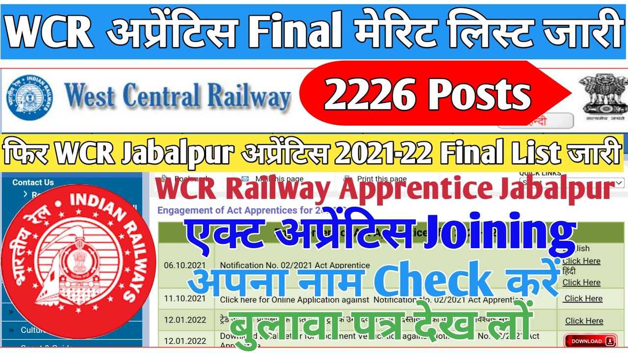 WCR Railway Apprentice 2021-22Final Merit List जारी|WRC Jabalpur Apprentice Final Result|बुलावा पत्र
